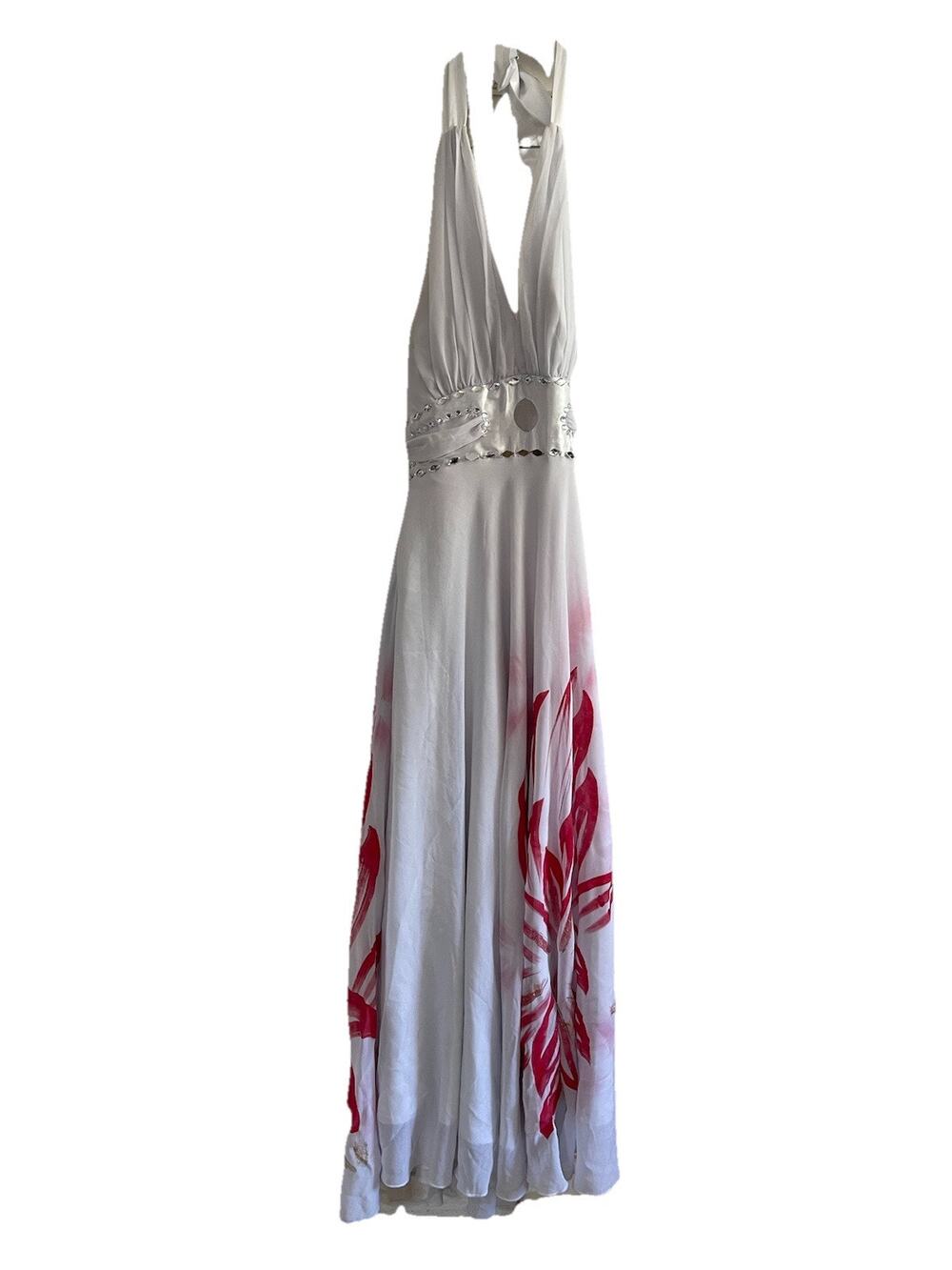 Formal Dress Prom Pageant Gown Size Large White With Red Flower 1980s Vintage